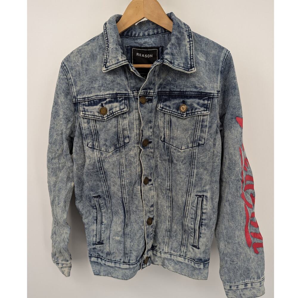 Reason Live Fast Skull Roses Acid Wash Denim Jacket, Size Medium, Grunge Biker